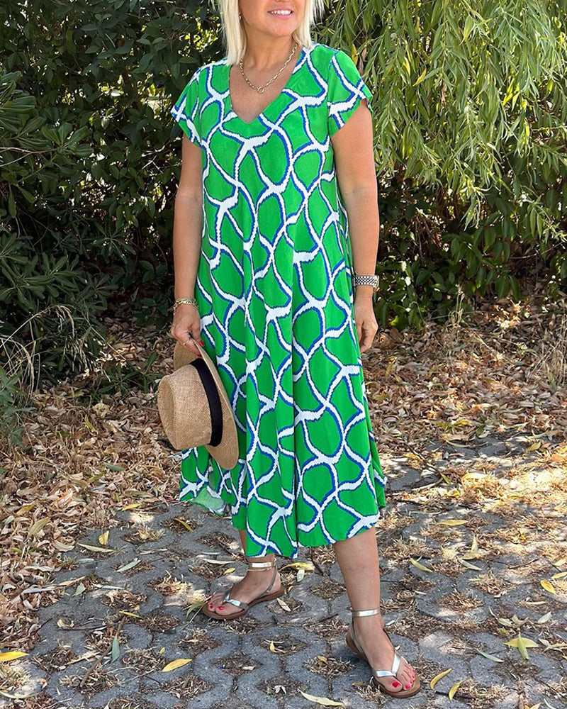 Printed short-sleeved V-neck dress