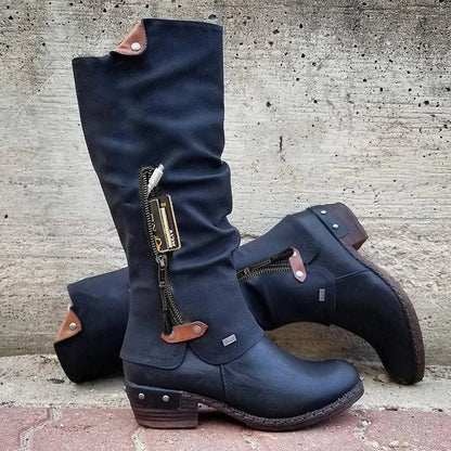 Kirsten | Bottes vintage à Genoux avec pochette à Fermeture éclair et talon aiguille à rivets